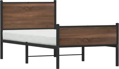 Imagen del producto de Cama de metal sin colchón, color marrón, con aspecto de roble, 90x190 cm