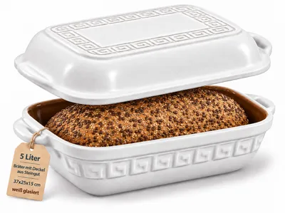 Produktbild von KERAZO 5 Liter Brotbackform mit Deckel eckig aus Steingut, 33×27×15 cm, Bräter, Auflaufform, Gratinform, Schmortopf, Brottopf, weiß