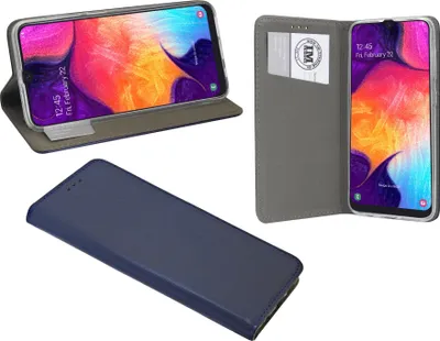 Imagen del producto de Funda tipo cartera "Prestige" compatible con el teléfono Samsung Galaxy A50 (A505F). Estuche protector con función de soporte, compartimento para tarjetas, color azul