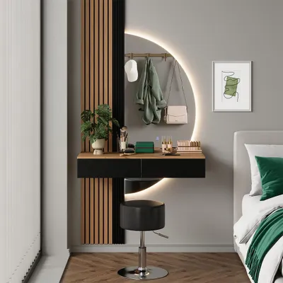 Produktbild von Vicco Schminktisch Melina, 100 cm mit LED-Spiegel und Hocker, Eiche/Schwarz