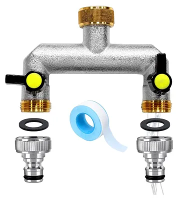 Produktbild von 2-Wege Wasserverteiler 3/4 Zoll, Wasserhahnverteiler aus Messing, 2-fach Wasserverteiler mit individuellen Absperrhähnen zur Regelung des Wasserflusses
