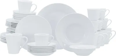 A collection of white ceramic dinnerware and drinkware is arranged on a white background.