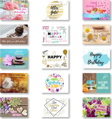 Produktbild von Domelo Geburtstagskarten, 15er Set mit Umschlag, Happy Birthday Postkarten, Kraftpapier Karten zum Geburtstag, Geburtstagskarte für Mann/ Frau/ Kinder, Postkarte als Grußkarten