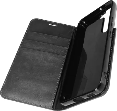 A black leather flip case for a Samsung Galaxy S22, shown open with the phone holder and card slots visible.