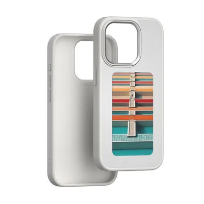 A white iPhone case with a colorful striped design on the back, shown from a slight angle.