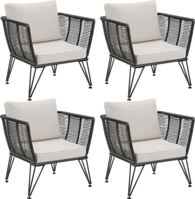 Four identical garden lounge chairs are arranged in a 2x2 grid against a white background.