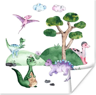 Produktbild von MuchoWow® Poster Kinderzimmer - Dinosaurier - Weiß - Jungen - Mädchen - Kind 50x50 cm - Wohnzimmerdekoration