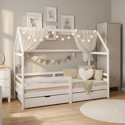 Produktbild von Homestyle4u Kinderbett 90x200 mit Rausfallschutz Hausbett Weiß Bodenbett Bettkasten mit Lattenrost