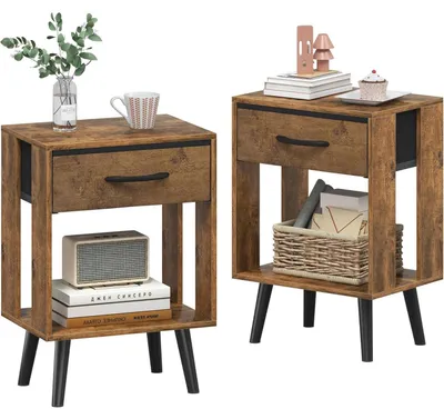 Immagine prodotto di Set di due comodini, dimensioni 40x30x60,3 cm, con cassetto, colore marrone, legno rustico