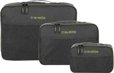 Three packing cubes of different sizes are arranged in a staggered formation against a white background.
