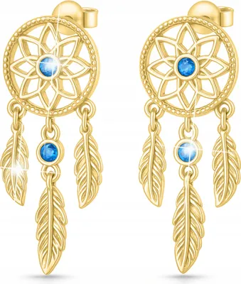 Produktbild von Goldene Traumfänger Ohrringe Federn Creolen mit blauen Augen 925 Silber