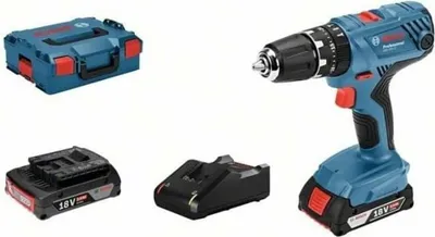 Zdjęcie produktu dla Używana wiertarko-wkrętarka udarowa BOSCH 06019H1109 Professional GSB, 18 V, 2 akumulatory 2,0 Ah, 2 prędkości, oświetlenie LED, automatyczna blokada, niebieska