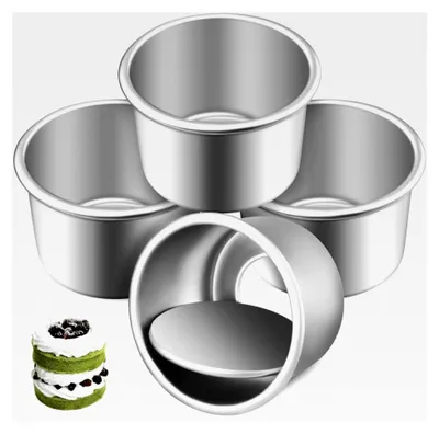 Produktbild von 4er Set runde Backformen aus Aluminium 2,52 Zoll mit abnehmbarem Boden für kleine Kuchen, Mini-Muffins, Käsekuchen und Pudding
