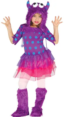 A young girl is posing in a purple monster costume.