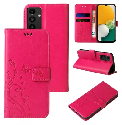 Produktbild von Handyhülle für Samsung Galaxy A13 Floral Blumen Schmetterling Flip Cover Hülle Case Klapphülle Handytasche Farbe: Pink