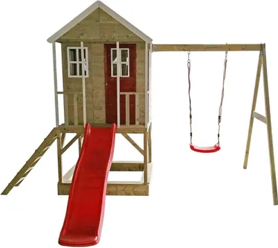 Produktbild von Wendi Toys Holz Stelzenhaus Alpaka mit roter Rutsche, Schaukel und Sandkasten Natur 290x350x242 cm