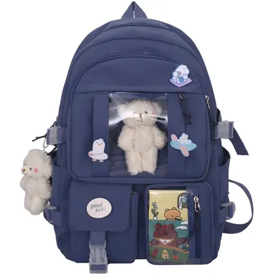 Immagine prodotto di Zaino impermeabile per bambine e bambini – Zaino leggero per la scuola con spille e accessori – Borsa spaziosa per adolescenti – Blu