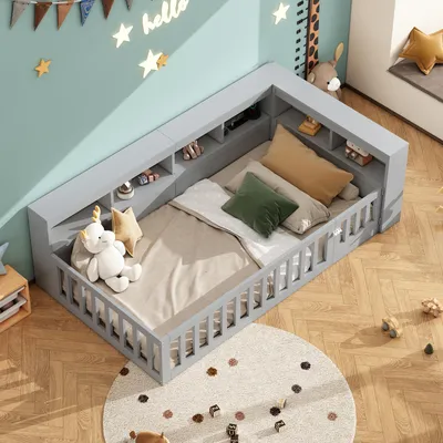 Produktbild von MODFU Kinderbett Ohne Matratze 90×200 Tagesbett mit Staufach im Bettseite,Daybett mit Lattenrost und Brüstung,Bettgestell mit Steckdose,Grau