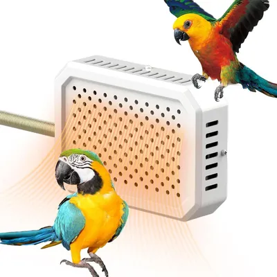 A white heating device with orange heat waves emanating from it, and two parrots near it.