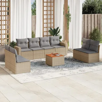 Produktbild von Design 9-tlg. Garten-Sofagarnitur mit Kissen Beige Poly Rattan, Gartenmöbel-Sets 2024 Neu