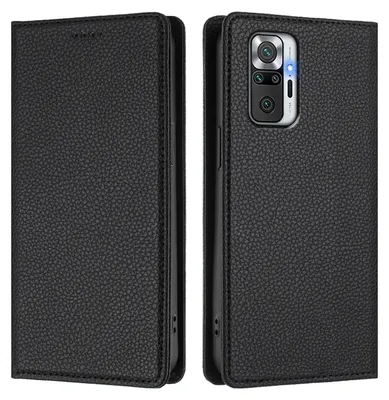 A black leather wallet-style phone case shown from the front and back.
