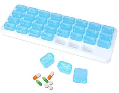 Immagine prodotto di Contenitore mensile per pillole con 31 scomparti, organizer da viaggio, colore blu