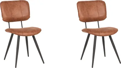 Two brown leather chairs with black metal legs are shown against a white background.