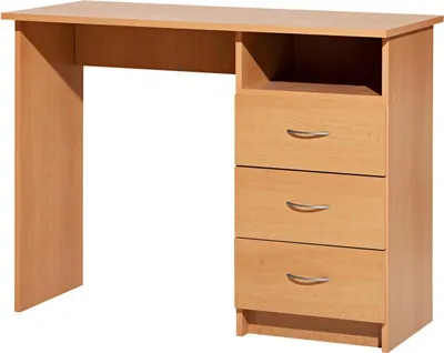 A simple wooden desk with three drawers and an open shelf.