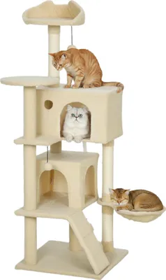 A multi-level cat tree with three cats on it, set against a white background.