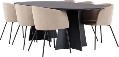 Produktbild von Bootcut Essgruppe Tisch schwarz und 6 berit Stühle beige.