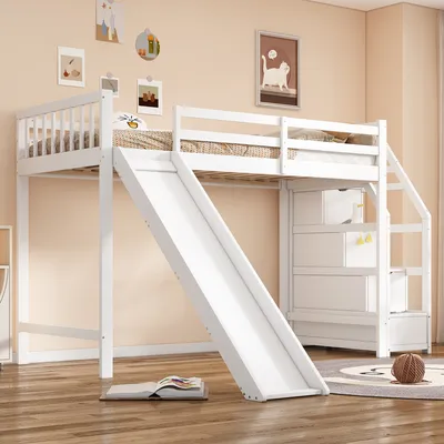 Produktbild von okwish Etagenbett Stockbett 90x200cm mit Stauraumleiter, Hochbett mit Rausfallschutz, Massivholzbett Kinderbett Bettgestell mit Lattenrost und Rutsche, Weiß