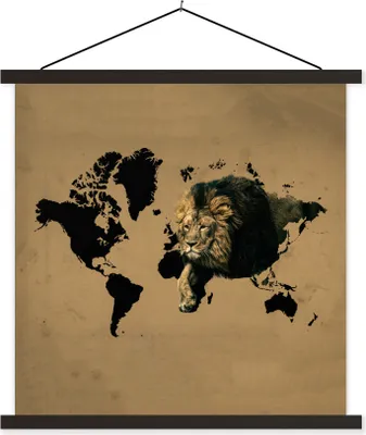 Produktbild von MuchoWow® Textilposter Weltkarte - Löwe - Braun 90x90 cm mit schwarzem Rahmen - Magnetisches
