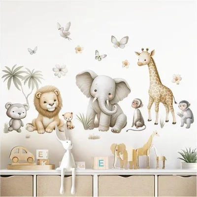 Produktbild von Wandaufkleber Safari Tiere Elefanten und Giraffe - Selbstklebende Dekoration für Kinderzimmer