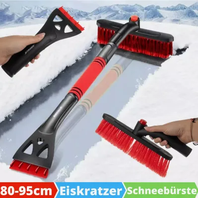 A collage of images showing a telescopic snow brush and ice scraper for cars, with a snowy mountain background and text overlays.