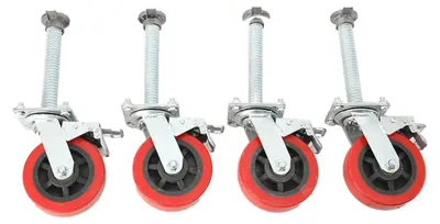 Produktbild von Schwerlastrollen - 4er-Set - 500 kg Tragfähigkeit - 150 mm rote Polyurethanräder - 360° schwenkbar - Mit Bremse - Kohlenstoffstahlgehäuse