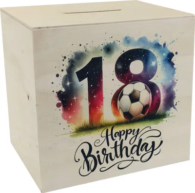 Produktbild von 18. Geburtstag Fußball Spardose aus Holz mit Spruch Happy Birthday 18