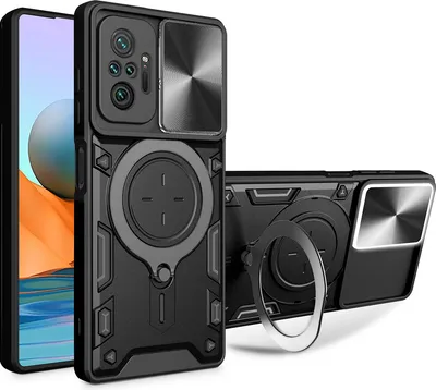 Produktbild von Handyhülle für Xiaomi Redmi Note 10 Pro /Note 10 Pro Max Dual-Layer Stoßfest Rüstung Hülle mit Dia Kameraschutz und Kreisförmig Ring Ständer Schwarz
