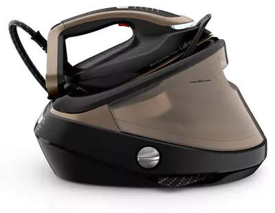 A close-up, angled view of a black and gold steam generator iron and its base, set against a white background.