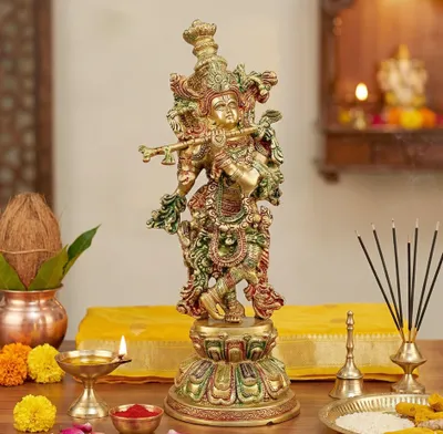Messing Krishna Statue 46 cm – Hinduistische Gottheit Figur