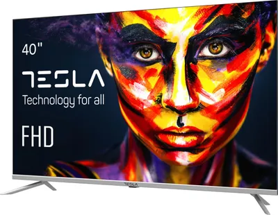 A television screen displaying a colorful abstract image of a person's face, with product information overlaid on the left side.