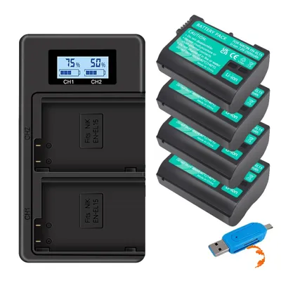 Obrázek produktu pro Sada baterií pro fotoaparáty Nikon, kapacita 2500 mAh, součástí balení je duální nabíječka, 4 baterie 1 nabíječka
