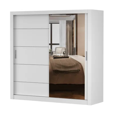 Produktbild von Schwebetürenschrank LION, Schlafzimmer, Kleiderschrank Schrank 203 cm Weiß/Weiß mit Spiegel, alufarbene PVC-Griffe