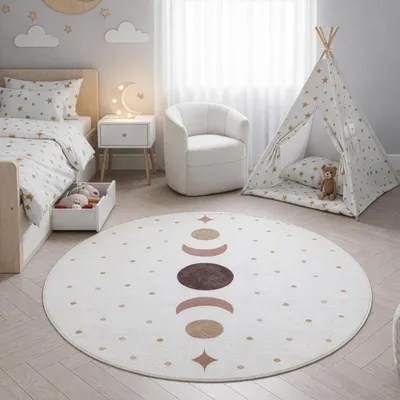 Produktbild von SIMPEX Kinderteppich Mondphasen für Kinderzimmer Boho Design fördert Kreativität und ruhiges Spielen Größe: 120 cm Rund , Farbe: Creme-6