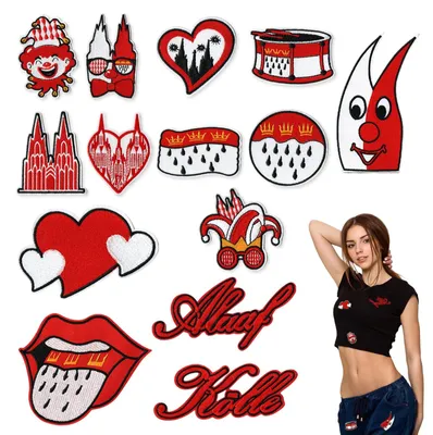 Aufbügel-Patches, 14er-Set, Karneval, Polyester-Baumwolle, Rot-Weiß