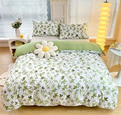 Obrázek produktu pro Ložní prádlo s květinovým vzorem, 220 x 240 cm, zelené, bílé, ptáčci, mikrovlákno, zip