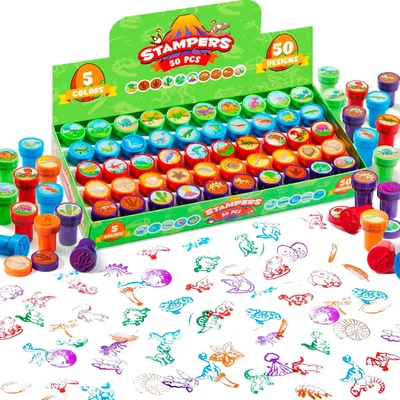 Obrázok produktu pre JOYIN, 50 kusov dinosaurových pečiatok, sada pečiatok pre deti, samofarbiace pečiatky s motívom dinosaurov, 5 farieb, 50 dizajnov, sada pečiatok pre deti od 2 rokov, malé darčeky pre deti, darčeky pre hostí