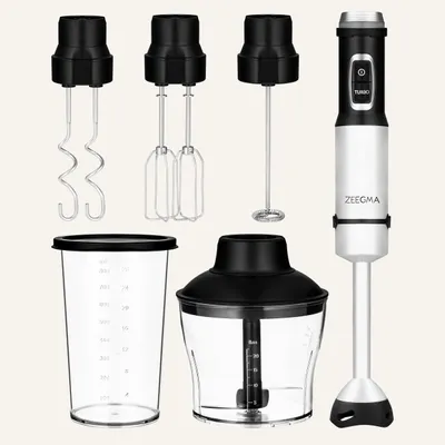 A collection of kitchen blender attachments and the blender base are arranged on a light gray background.