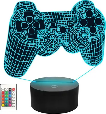 A 3D illusion lamp shaped like a game controller, with a remote control and a black base.
