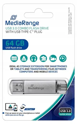 Zdjęcie produktu dla MediaRange MR1901, 64 GB, USB Typu-A, 3.2 Gen 1 (3.1 Gen 1), 200 MB/s, Pokrywka, Czarny, Srebrny