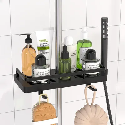 Produktbild von Duschablage ohne Bohren, höhenverstellbar, 18–25 mm Stange, Badezimmer-Organizer, schwarz.